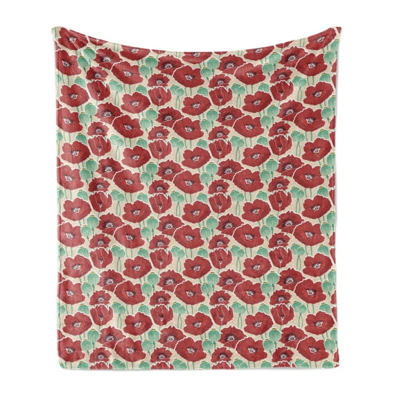 Floral Soft Flannel Fleece Throw Blanket, Watercolor Effect Poppy Flowers and Capsules Illustration, Cozy Plush for Indoor and Outdoor Use, 70" x 90", Almond Green Vermilion, by Ambesonne