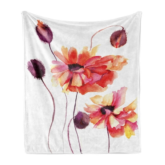 Floral Soft Flannel Fleece Throw Blanket, Watercolor Painting Poppy Flowers and Buds Spring Nature Design, Cozy Plush for Indoor and Outdoor Use, 50" x 70", Peach Scarlet Purple, by Ambesonne
