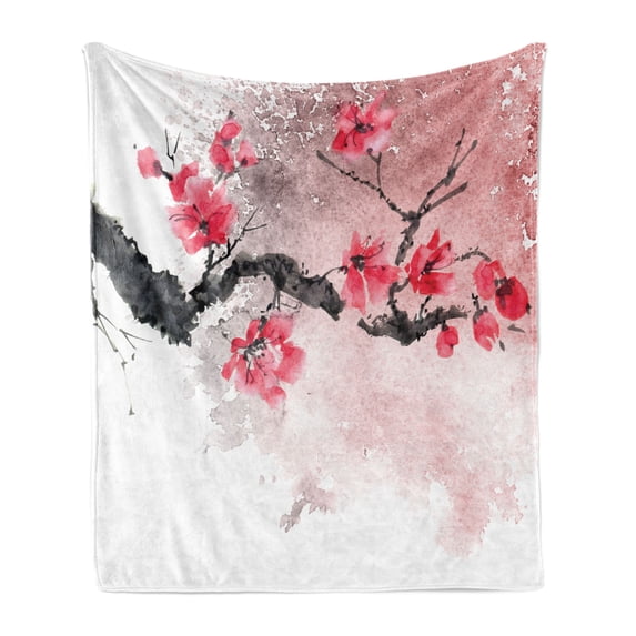 Floral Soft Flannel Fleece Throw Blanket, Watercolor Splash Floral Branch on Plain Backdrop, Cozy Plush for Indoor and Outdoor Use, 60" x 80", Dark Coral Pale Salmon, by Ambesonne
