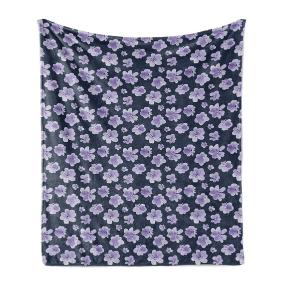 Floral Soft Flannel Fleece Throw Blanket, Watercolored Flower Blossoms on Dark Background Garden Art Print, Cozy Plush for Indoor and Outdoor Use, 50" x 60", Night Blue Lavender, by Ambesonne