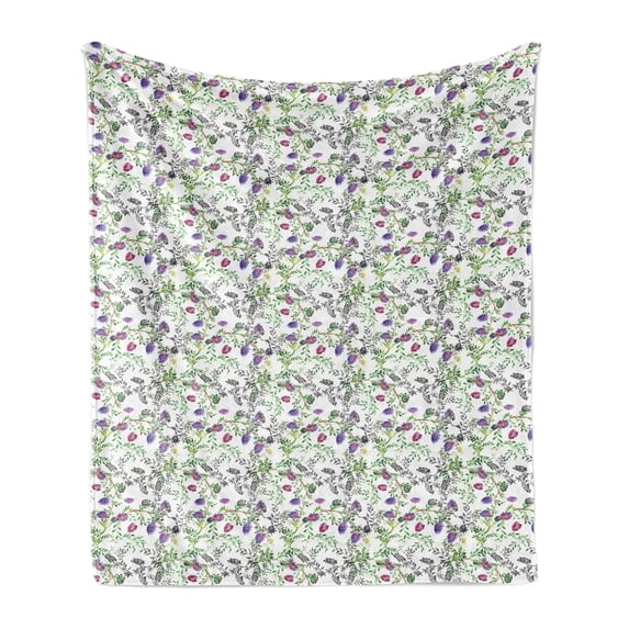 Floral Soft Flannel Fleece Throw Blanket, Wild Lilac Flowers Spring Fresh Watercolor Sketch Look Pattern, Cozy Plush for Indoor and Outdoor Use, 50" x 60", Green Pale Fuchsia, by Ambesonne