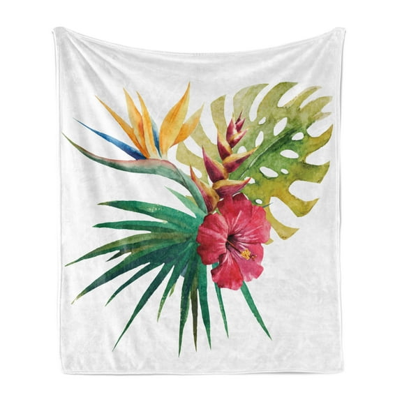 Floral Soft Flannel Fleece Throw Blanket, Wild Tropical Orchid Flower Large Leaves Exotic Tropic Petals Picture, Cozy Plush for Indoor and Outdoor Use, 50" x 70", Fuchsia Forest Green, by Ambesonne