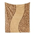 thumbnail image 1 of Floral Soft Flannel Fleece Throw Blanket, Wooden Print Style Composition in Monochrome Tones Ornate Print Arrangement, Cozy Plush for Indoor and Outdoor Use, 50" x 70", Brown and Khaki, by Ambesonne, 1 of 5