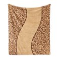 thumbnail image 1 of Floral Soft Flannel Fleece Throw Blanket, Wooden Print Style Composition in Monochrome Tones Ornate Print Arrangement, Cozy Plush for Indoor and Outdoor Use, 60" x 80", Brown and Khaki, by Ambesonne, 1 of 5