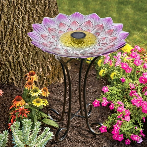 Floral Solar Glass Bird Bath W/Metal Stand-Pink Dahlia Summer Garden Decor