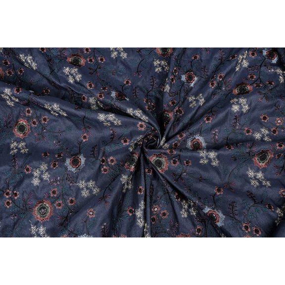 Floral Solid Blue Embroidery Semi Raw Silk Fabric By the Yard Width 58 Inch