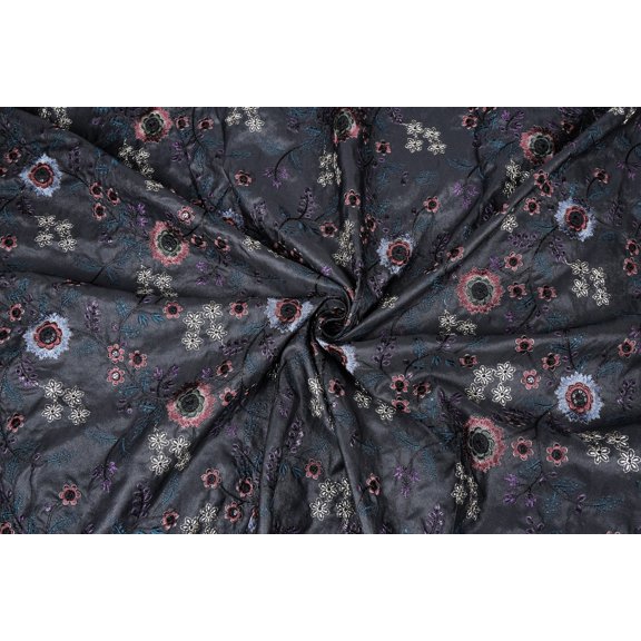 Floral Solid Grey Embroidery Semi Raw Silk Fabric By the Yard Width 58 Inch