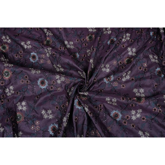 Floral Solid Wine Embroidery Semi Raw Silk Fabric By the Yard Width 58 Inch