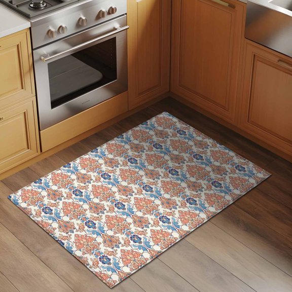 Floral Southwest Ethnic Group 2x3 Rug for Entryway Front Door Kitchen Sink Area, Country Retro Style Low Pile Washable Non Slip Rectangle Area Rug