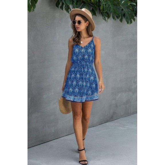 Floral Spaghetti Strap Button Down Ruffle Mini Dress