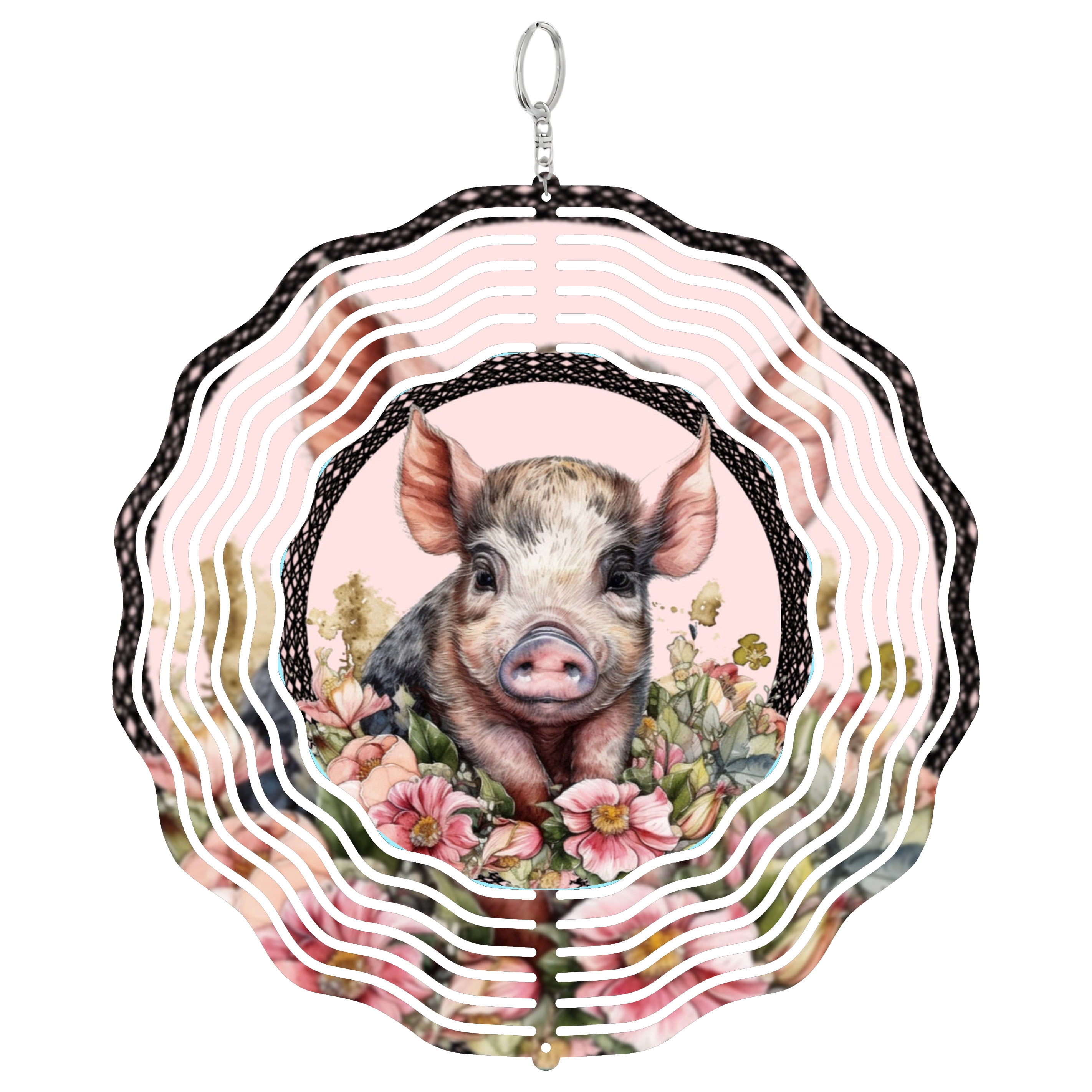 Floral Spotted Pig Wicker 3D Wind Spinner Kinetic Metal Hanging Rustic ...