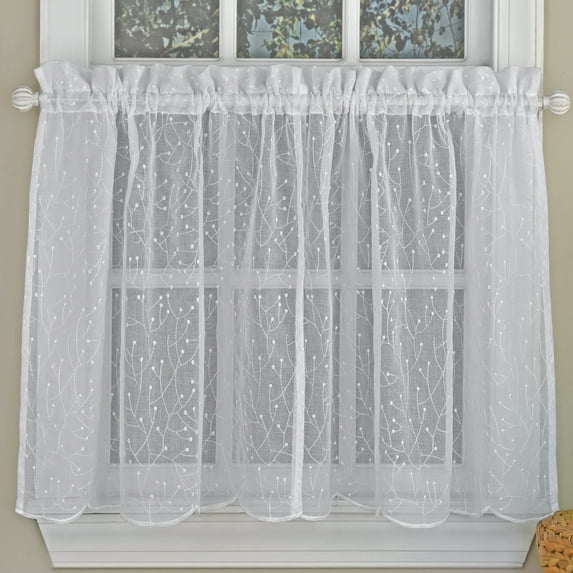 Floral Spray Semi Sheer Kitchen Window Curtain Tier Pair or Valance White