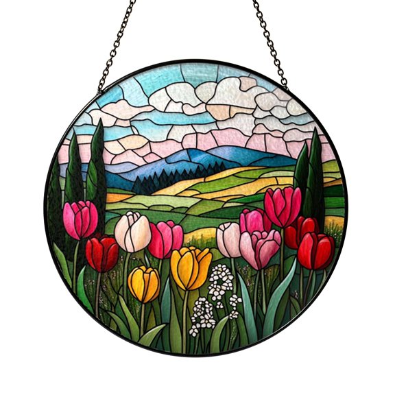 Floral Spring Bloom Stained Glass Style Window Hanging, Garden Botanical Art Decor Accent Ornament Gift