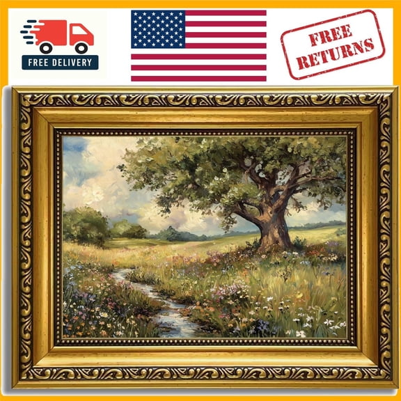 Floral Spring Country Landscape Wall Art, Gold For Timeless, Seasonal Living Room And Home Decor