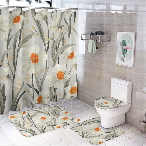 Floral Spring Daffodil Blooms Gray 4 Pcs Shower Curtain Sets Shower Curtain Set with Shower Curtain and Rugs 4 Piece Daffodils Flower Waterproof Personality Pattern Bath Curtains for Bathroom Decor