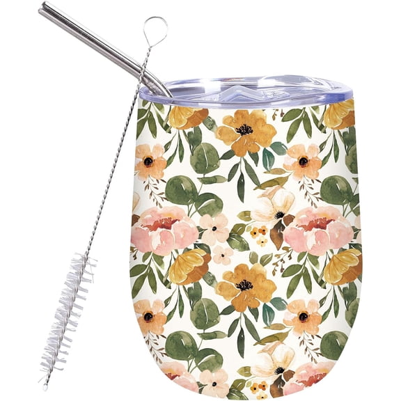 Floral Spring Flower 20oz Stainless Steel Wine Tumbler Travel Mug with Straw & Lid Perfect Gifts for Women, Girlfriend, Besties, Wife, Lover