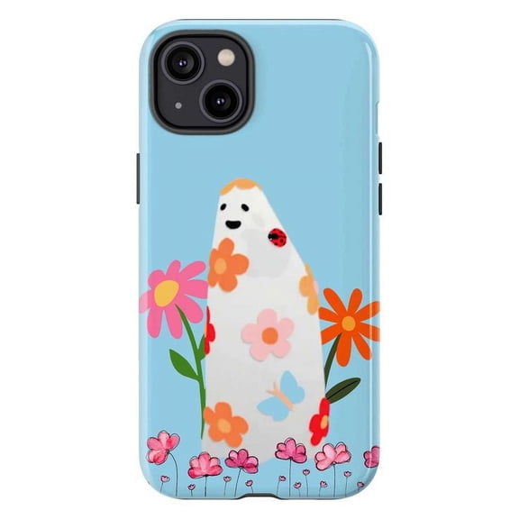 Floral Spring Ghost Halloween Phone Case, Whimsical Spring Spirit Design with Flowers & Bugs for iPhone 16 15 14 13 12 11 Mini Pro Max