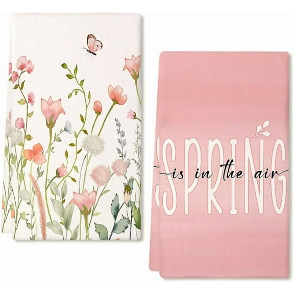 Floral Spring Kitchen Towels Dish Towels Set of 2,Pink Butterfly Hand Towels 18x26 Inch Drying Dishcloth,Farmhouse Home Seasonal Spring Decorations