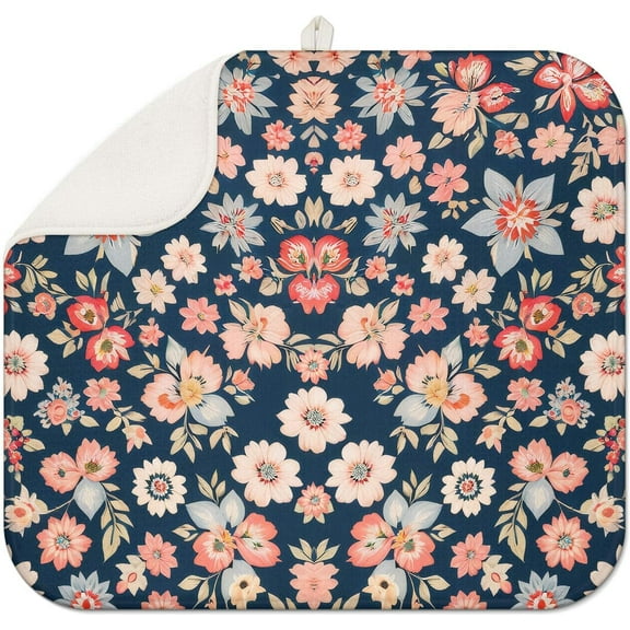 Floral Spring Large Dish Drying Mat for Kitchen Counter 18x24 Microfiber Absorbent - Foldable, Non-Slip, Compact Kitchen XL Drying Mats for Dishes, Countertops, and Cookware