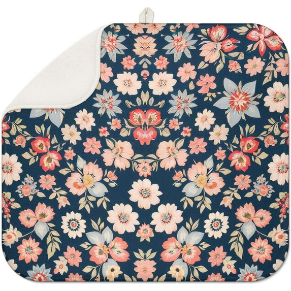 Floral Spring Large Dish Drying Mat for Kitchen Counter 18x24 Microfiber Absorbent - Foldable, Non-Slip, Compact Kitchen XL Drying Mats for Dishes, Countertops, and Cookware