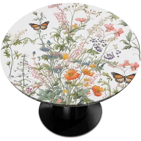 Floral Spring Round Fitted Tablecloth with Elastic 36" - 42" Fitted Table Cloth for Round Table Waterproof Wipeable Round Elastic Table Cloth Flower Butterfly Circular Table Cover for Home Kitchen