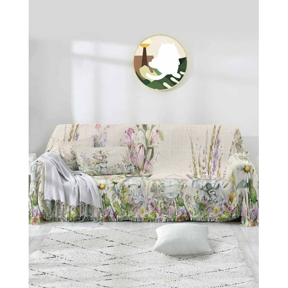 Floral Spring Sofa Covers for 3 Cushion Couch,Washable Sectional & L Shape Couch Covers for Dog/Cat/Kid,Rustic Farmhouse Plant Botanical Vase Plant Non Slip Sofa Slipcover Tassel Futon Cover 71x150