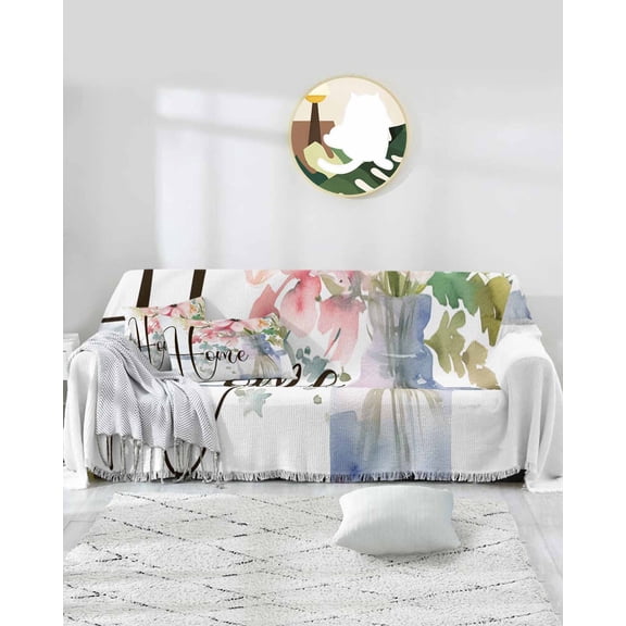 Floral Spring Sofa Covers for 3 Cushion,Washable Couch Cover for Sectional Sofa Slipcovers with Tassel,Spring Summer Bottle Flower White Loveseat Covers Futon Cover Throw Blanket 71''x118''