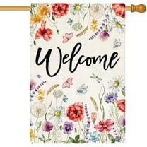 Floral Spring Summer House Flag Flowers Butterfly Large Yard Flag 28 X 40 Inch Double Sided Burlap Summer Welcome Flag for Outside Outdoor Porch Decor