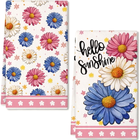 Floral Spring Summer Kitchen Towels Set of 2,18x26 Inches Pink Dish Cloths -Flowers Hello Sunshine Farmhouse Design,Holiday Hand Towels for Spring Decor & Gifting