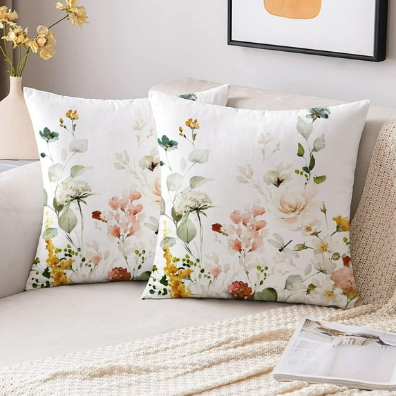 Floral Spring Velvet Pillow Covers 18 x 18 Inch Set of 2 Vintage Wild Flowers Decor Throw Pillows Outdoor Farmhouse Wildflower Plant Decorative Cushion for Couch Bed Sofa