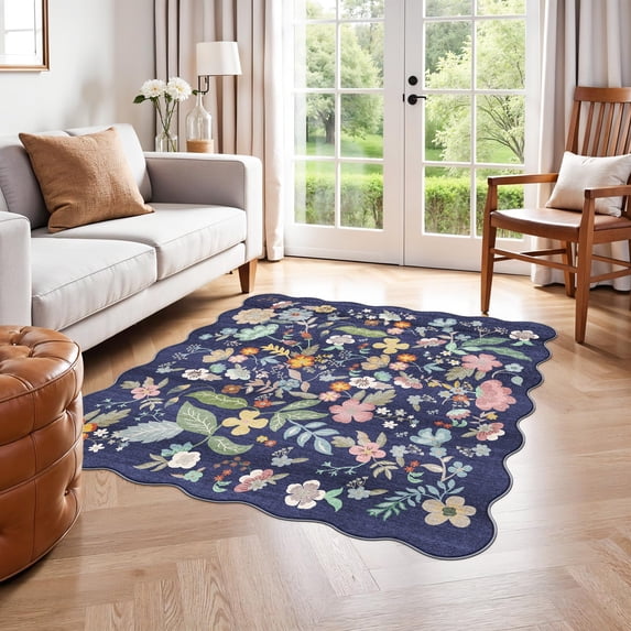 Floral Square Area Rug For Family: Washable 5x5 Scalloped Carpet Living Room Bedroom Soft Water Resistant Floor Mat With Non Slip Backing Kitchen Dorms Farmhouse Home Decor(5x5 Purple)