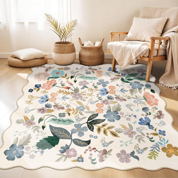 Floral Square Area Rugs For Family: Washable 5x5 Scalloped Carpet Living Room Bedroom Soft Water Resistant Floor Mat With Non Slip Backing Kitchen Dorms Farmhouse Home Decor(5x5 Cream)