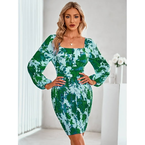 Floral Square Neck Smocked Mini Dress