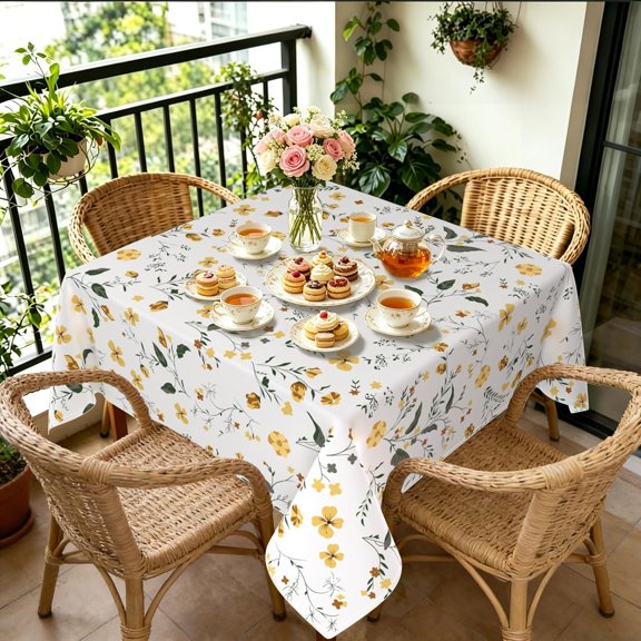 Floral Square Tablecloth 70x70 Inch, Yellow Floral Watercolor Table Cloth, Waterproof Wrinkle Resistant Tablecloth, Spring Summer Decoration for Holiday Kitchen Dining Room
