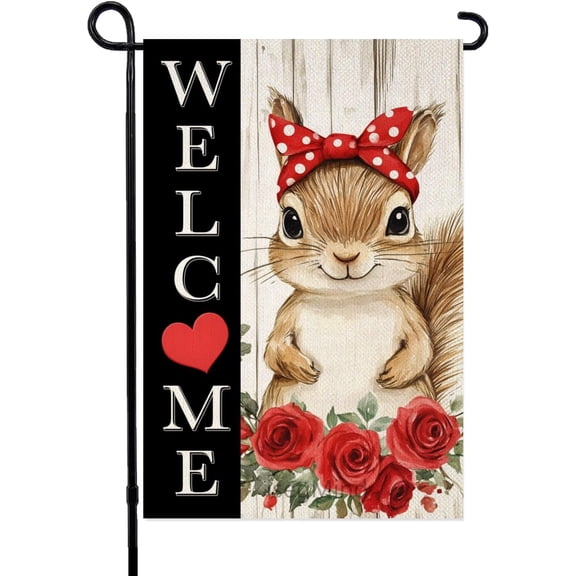 Floral Squirrel Welcome Garden Flag 12x18 Inch Double Sided Small Burlap Outdoor Yard Decoration with Roses