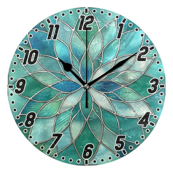 Floral Stained Glass Round Wall Clock Battery Operated Silent Non-Ticking Bedroom Office Kitchen Home School Decor 10"(Black)