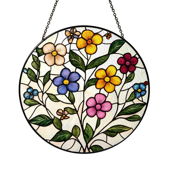 Floral Stained Glass Style Suncatcher with Copper Tone Frame Window Art