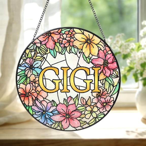 Floral Stained Glass Suncatcher, Personalized Gigi Gift, Spring Round Glass Window Decor Art Ornament
