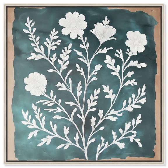 Floral Stamp Teal Canvas Folk Art Prints by Art Remedy, Silver Frame, 20" x 20"