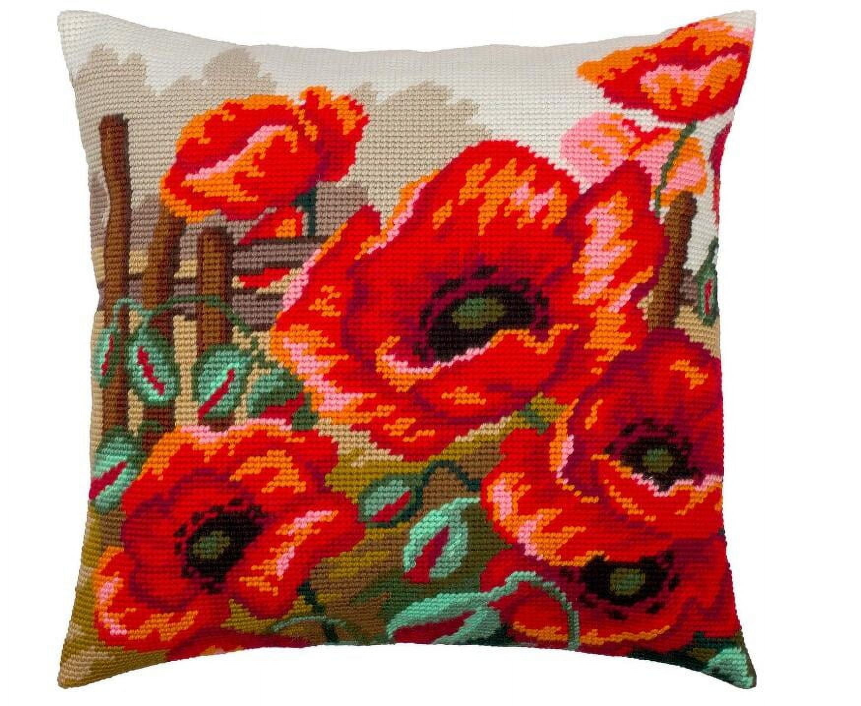 Floral Stamped Cross-Stitch Kit for Adults and Beginners — Poppies 17″ × 17″ with Clear, Precise Printed Design on Cotton Canvas
