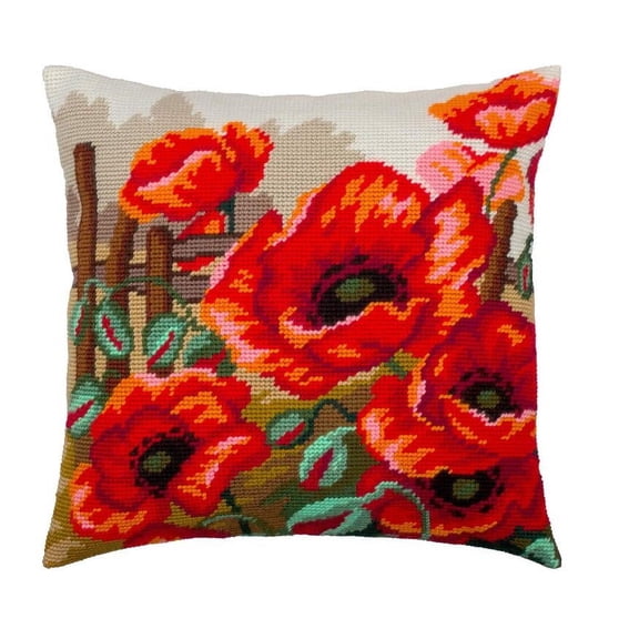 Floral Stamped Cross-Stitch Kit for Adults and Beginners — Poppies 17″ × 17″ with Clear, Precise Printed Design on Cotton Canvas