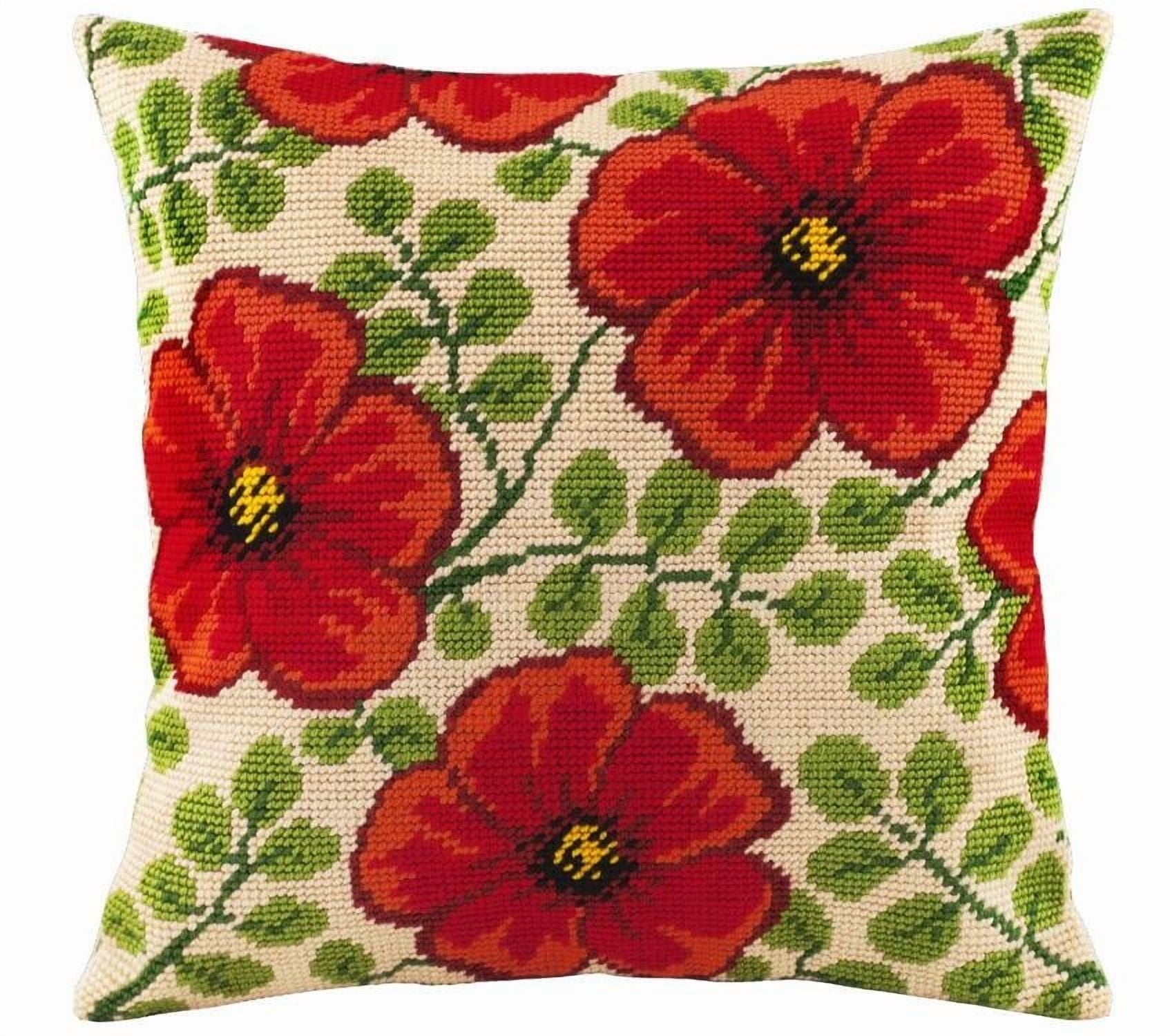 Floral Stamped Cross-Stitch Kit for Adults and Beginners — Red Flowers 17″ × 17″ with Clear, Precise Printed Design on Cotton Canvas