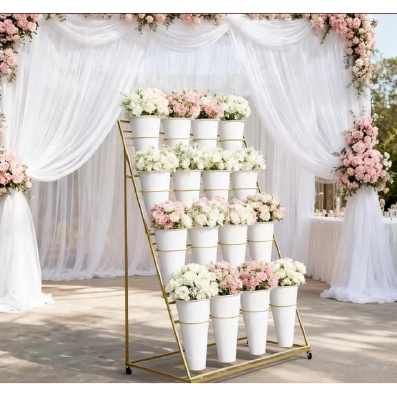Floral Stand Plant Display Stand, 4-Tier Gold Flower Bar Stand with 16 White Buckets, Steel Cart with Brake Wheels, Solid Structure for Outdoor, Florist, Balcony, Home Decoration