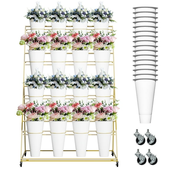 Floral Stand Plant Display Stand, 4-Tier Gold Flower Cart with 16 Removable White Buckets, Steel Flower Bar, Strengthened Frame for Indoor, Florist, Backyard, Commercial Events