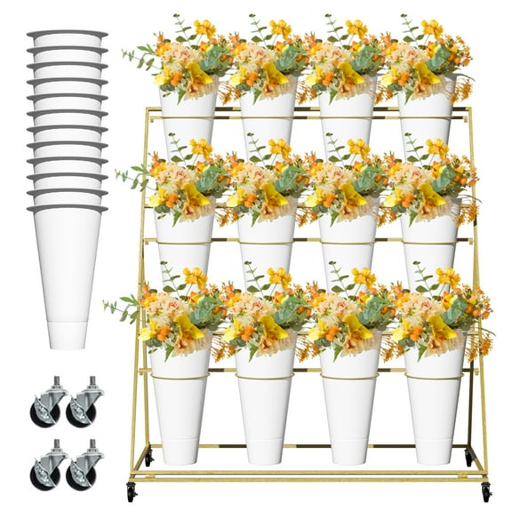 Floral Stand Plant Display Stand, Heavy-Duty 3-Tier Gold Iron Flower Cart, 12 White Buckets & Wheels, Strengthened Frame for Weddings, Patio, Backyard, Florist Supplies