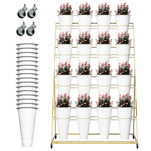 Floral Stand Plant Display Stand, Heavy-Duty Flower Display Stand, 4-Tier Gold Iron Cart, 16 White Buckets & Solid Structure for Indoor, Patio, Garden, Florist Bouquet Stand