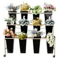 thumbnail image 1 of Floral Stand Plant Display Stand, Metal Flower Bar with 12 Black Buckets, 3-Tier Gold Shelf & 360° Wheels, for Indoor, Outdoor, Patio, Living Room, Florist, 1 of 8