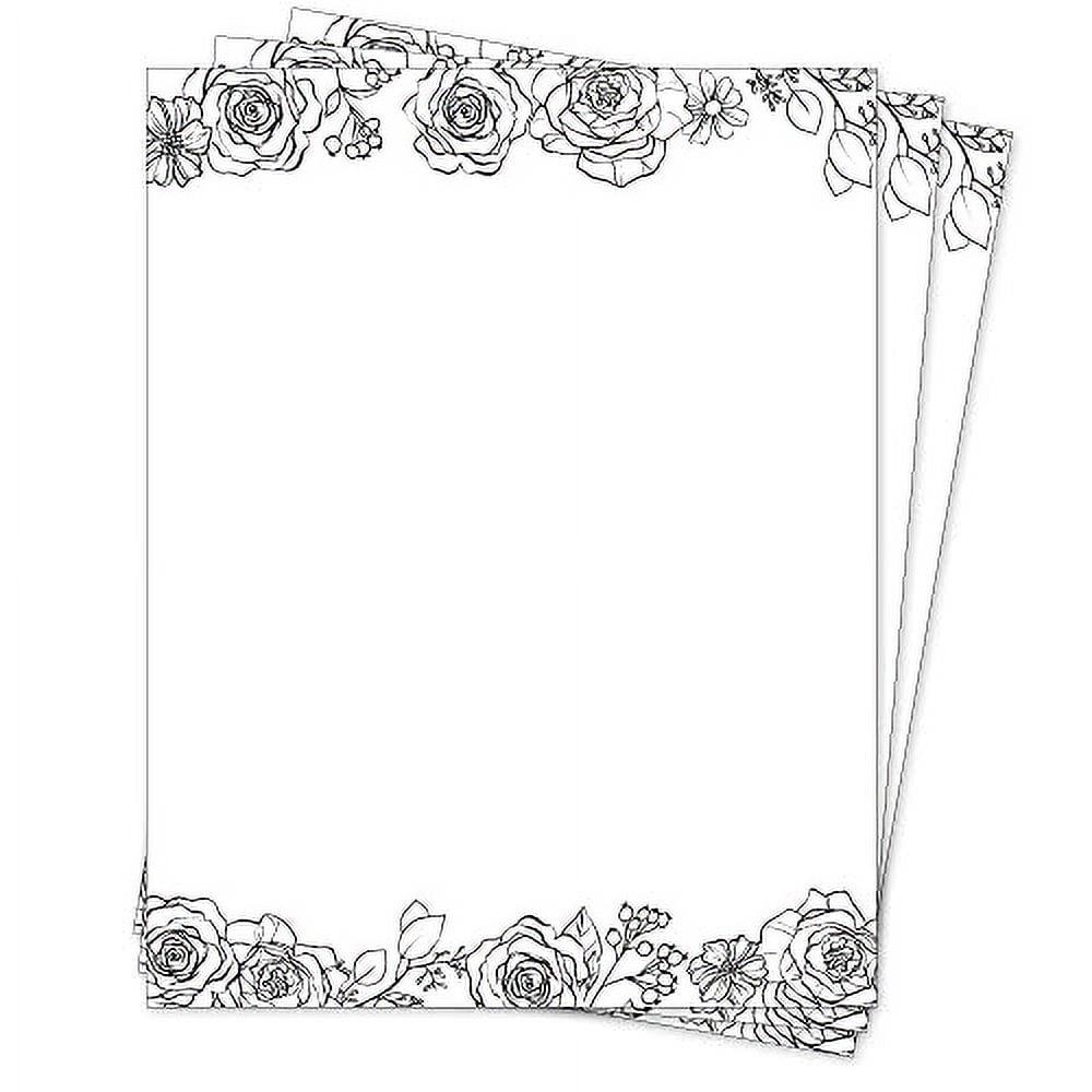 Floral Stationery Paper 50 Sheets, Black and White Flower Letterhead Paper 8.5 x 11 Inches