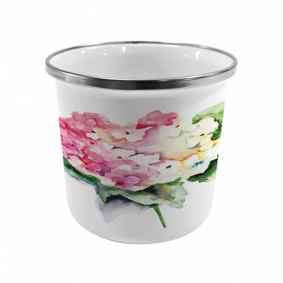 Floral Steel Camping Mug, Hydrangea Flower Bouquet in Watercolor Blossoms Botany Petals Image, Printed Thermal Cup for Camping and Outdoor Activities, by Ambesonne