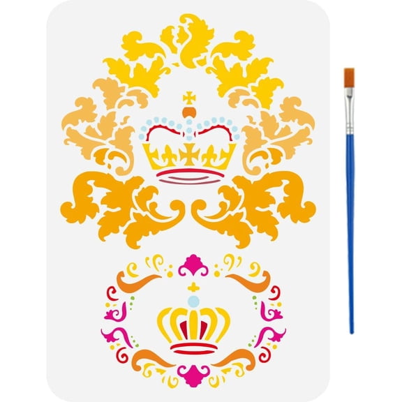 and Floral Stencils 11.7x8.3Inch Pattern Stencils with a Paint Brush Queens Princess Stencils King Stencil Retro Design Template for Wood Fabric Wall Colorful DIY